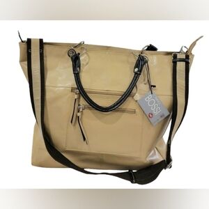 Nino Bossi Genuine Leather Tote Bag Beige LChic Beige Handbag with Black Accents